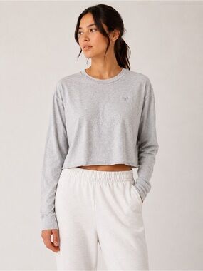 Aritzia TNA Light Gray Cropped Long-Sleeve Crew T-shirt Size Small Cotton